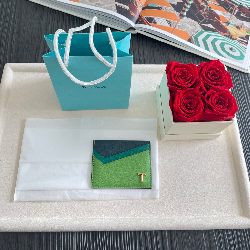 Tiffany T Card Case In Green Colorblock Leather New 275